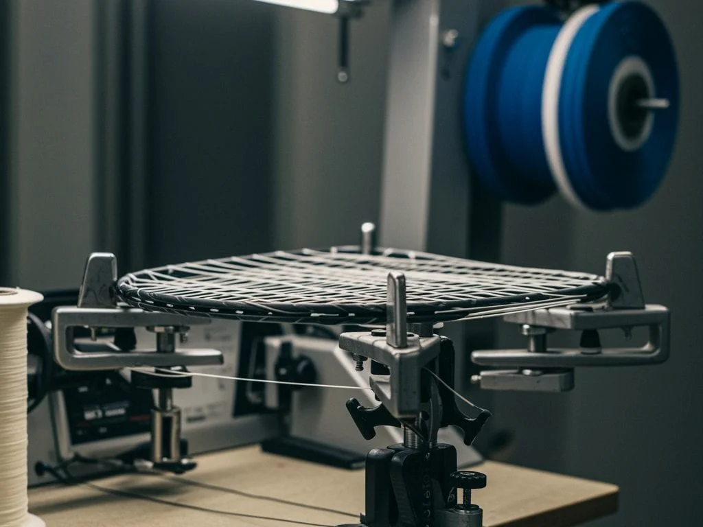 Close-up of nylon yarn spool used for making high-quality racket strings.