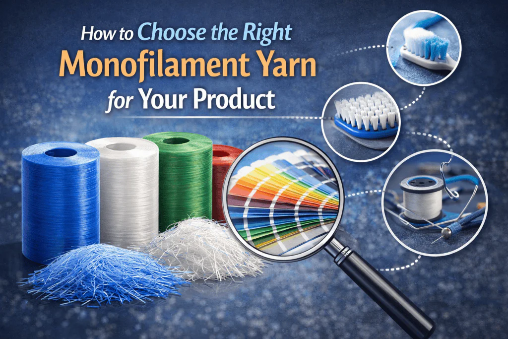 Monofilament yarn spools with color samples and tools for product selection.